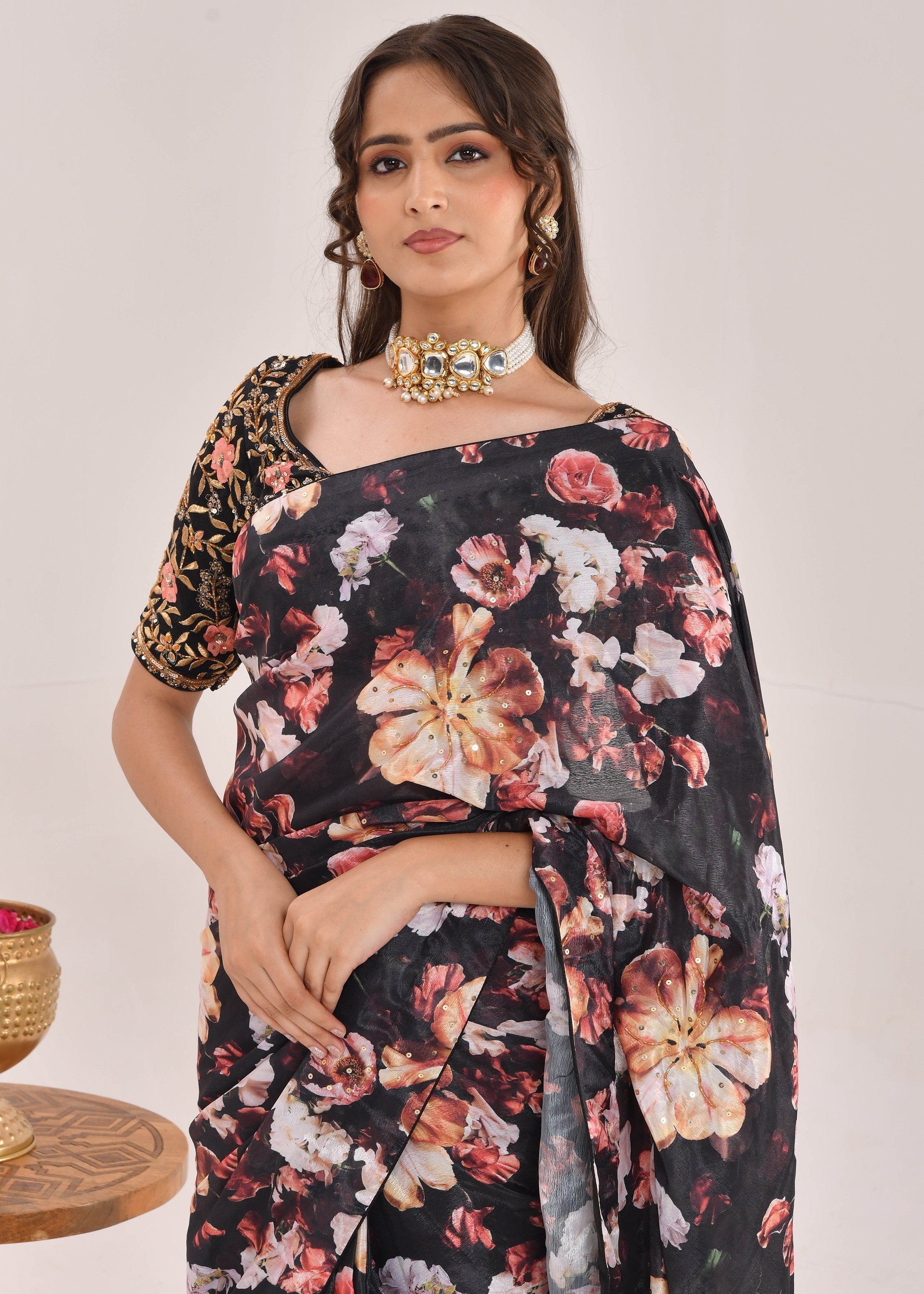 Black Floral Printed Hand-Embroidered Chiffon Saree