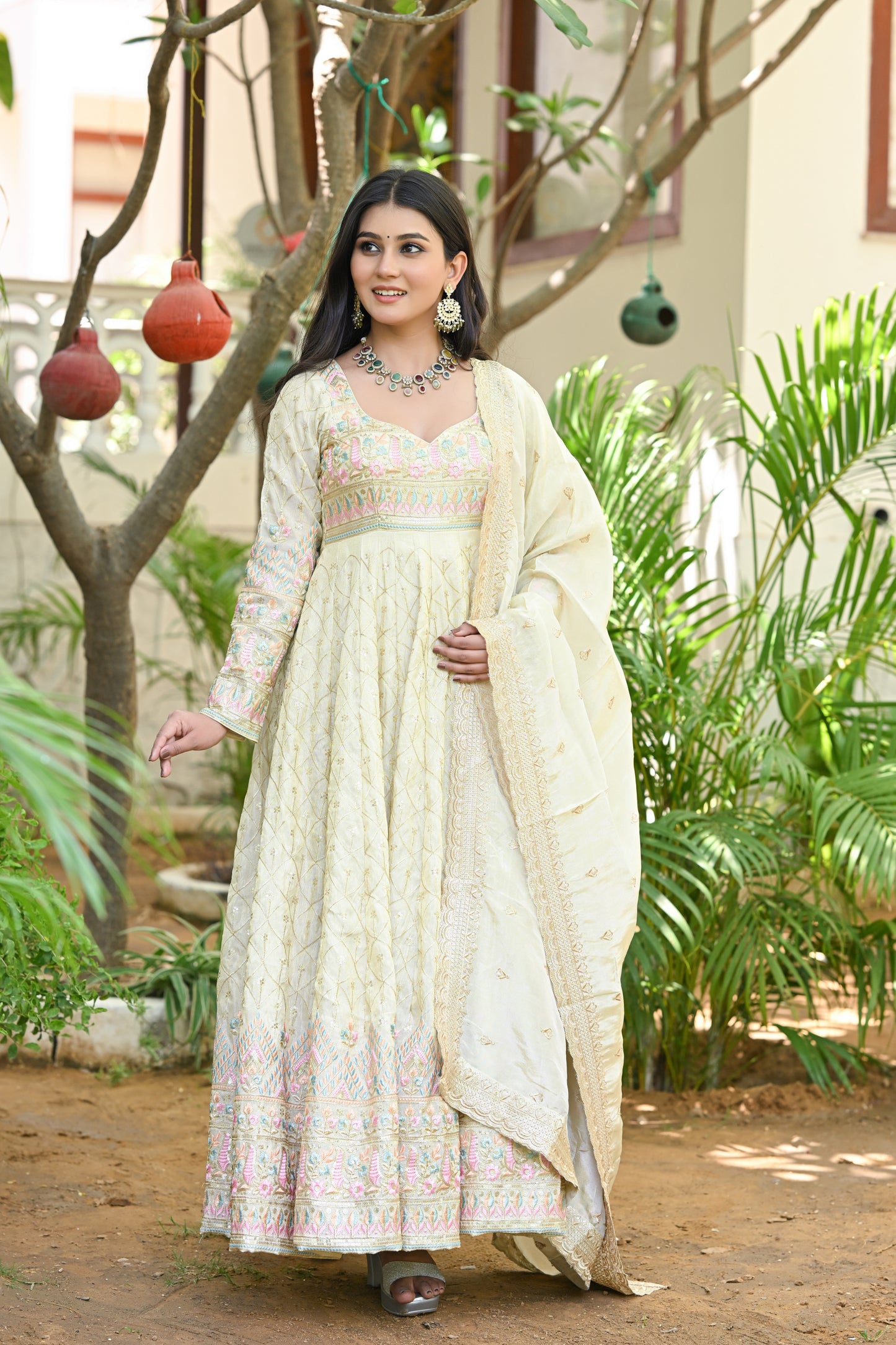 Beige Multicolor Floral Embroidered Silk Anarkali