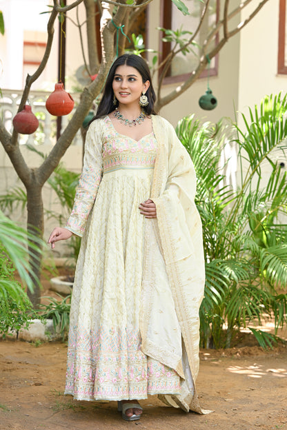 Beige Multicolor Floral Embroidered Silk Anarkali
