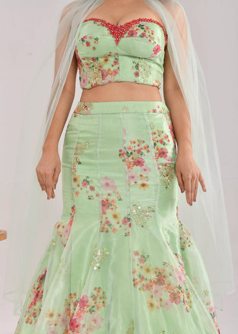 Mint Green Floral Hand-Embroidered Glass Tissue Fishcut Lehenga