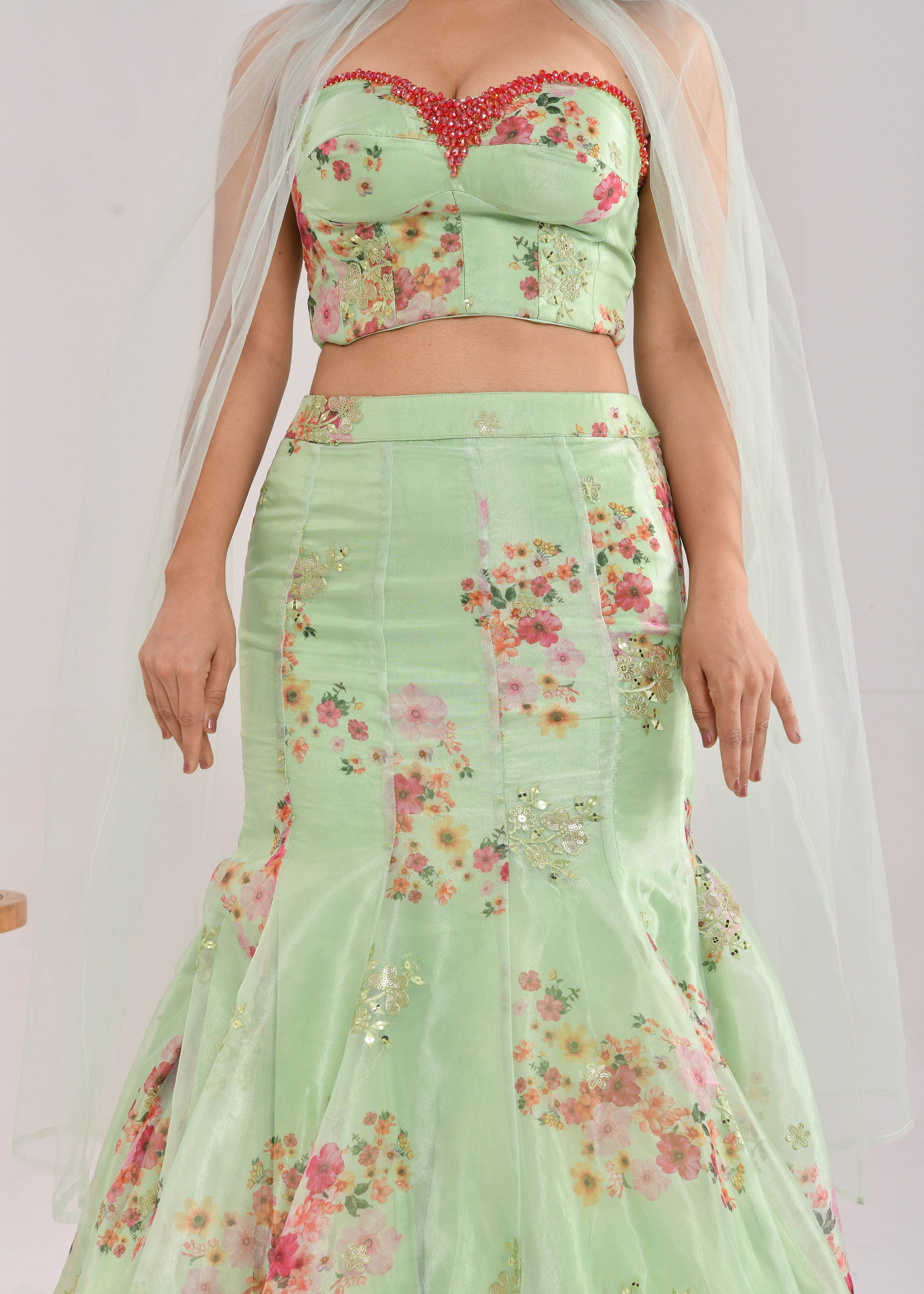 Mint Green Floral Hand-Embroidered Glass Tissue Fishcut Lehenga