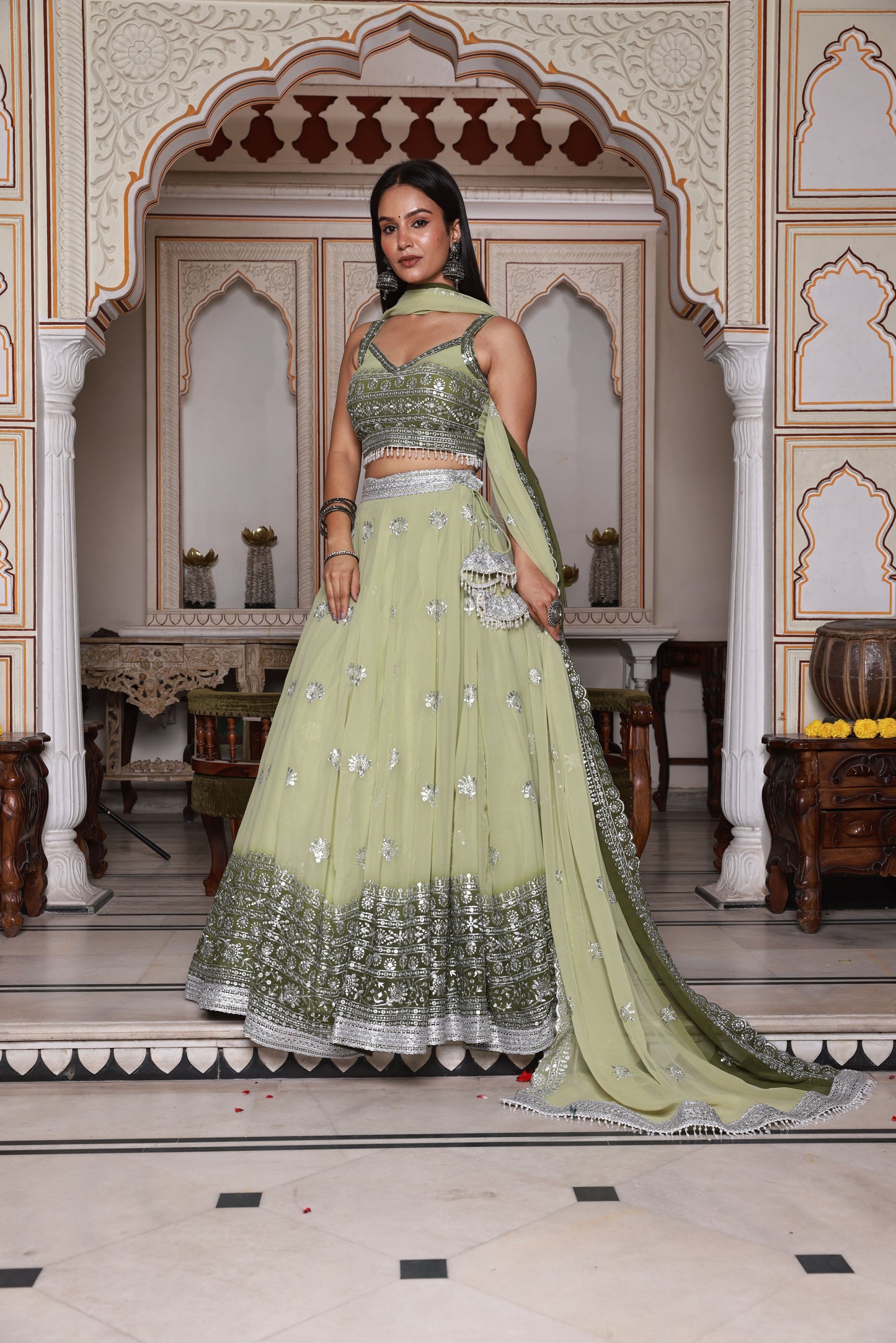 Light Green and Green Embroidered Georgette Lehenga
