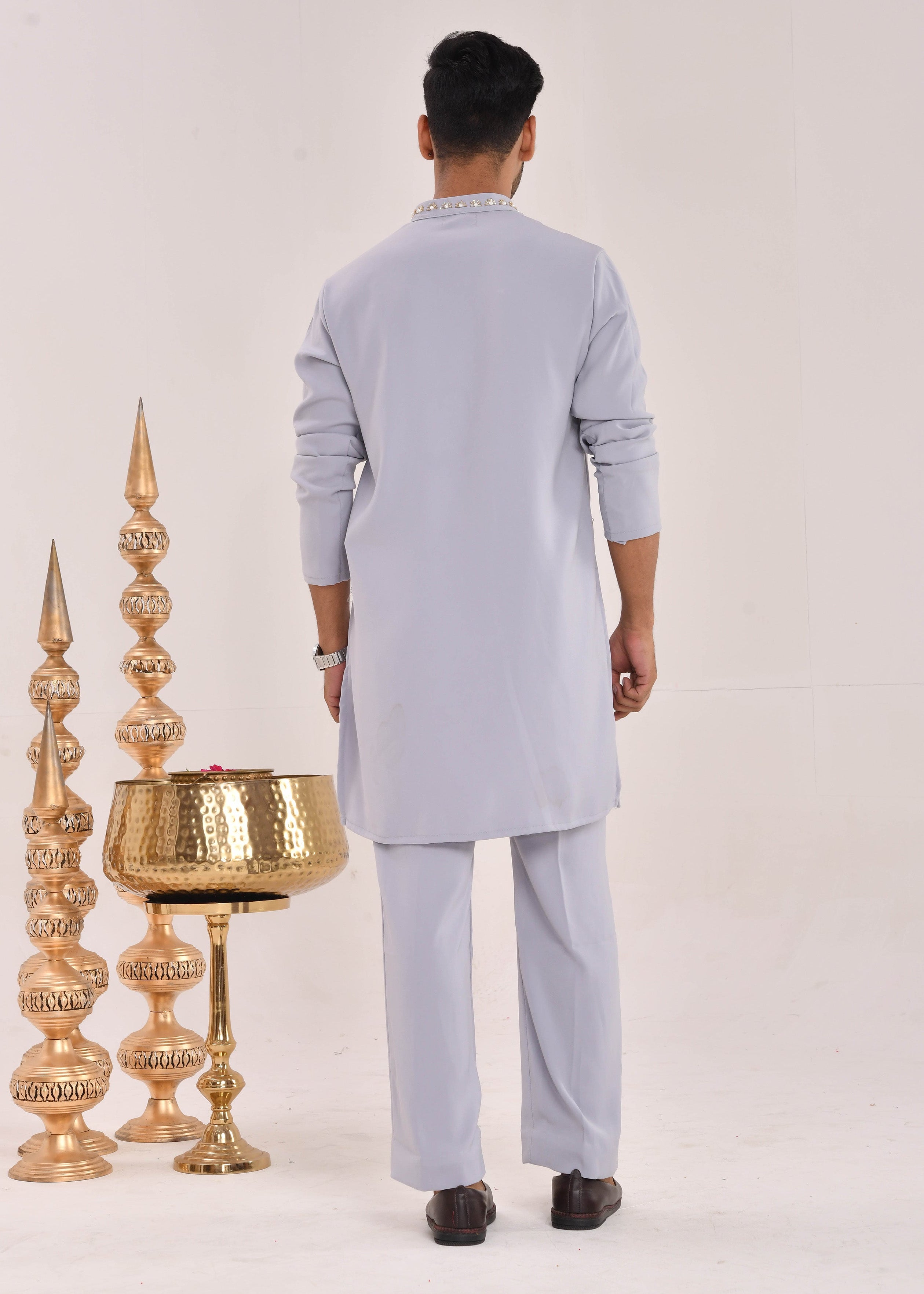Powder Blue Hand-Embroidered Silk Kurta Set