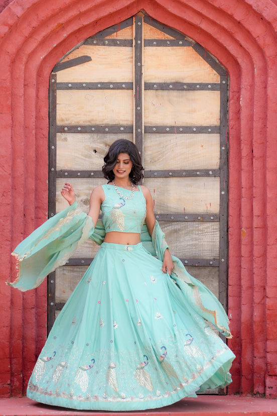 Mint Embroidered Silk Lehenga
