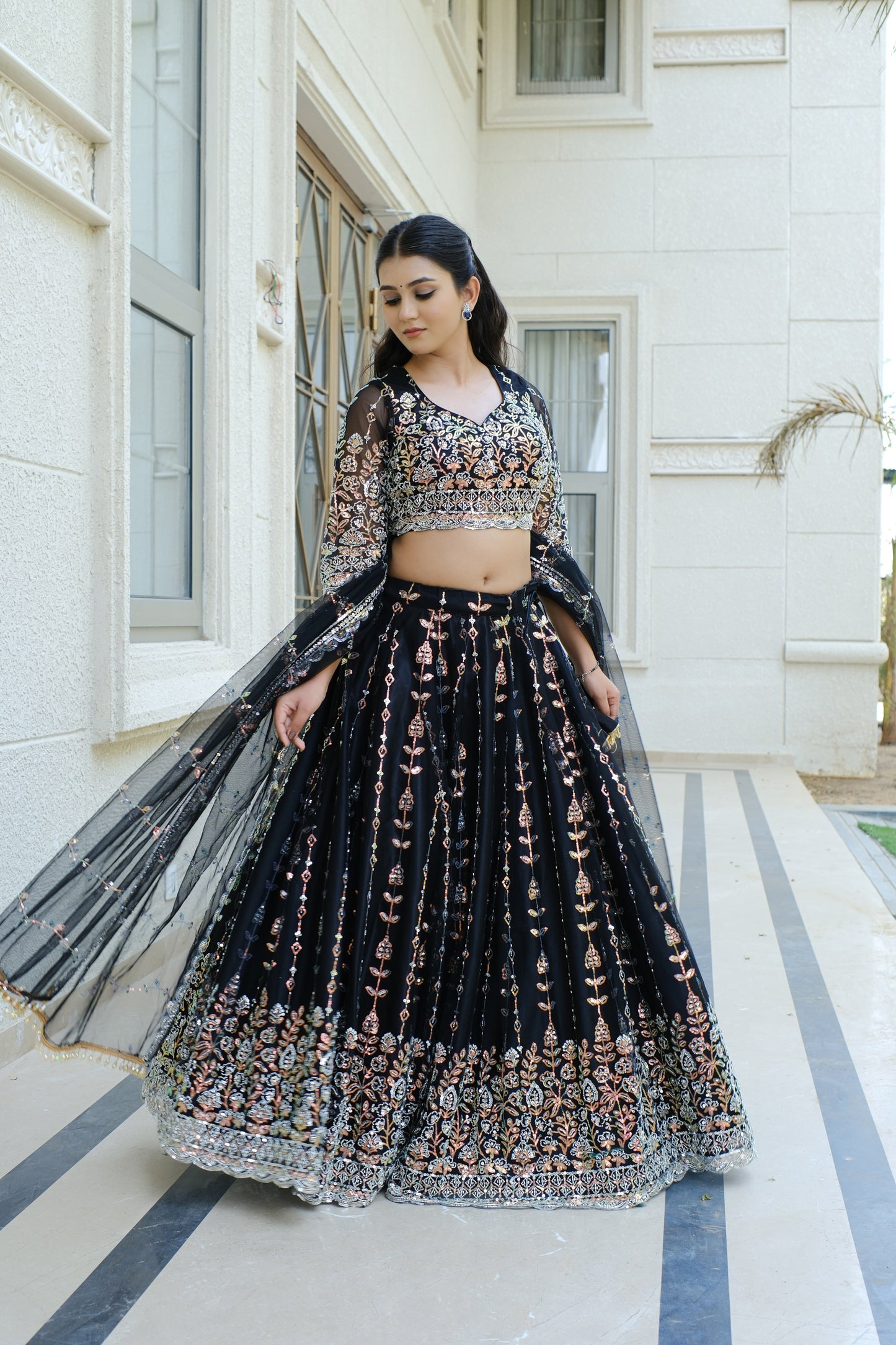 Black Midnight Bloom Sparkle Embroidered Net Lehenga