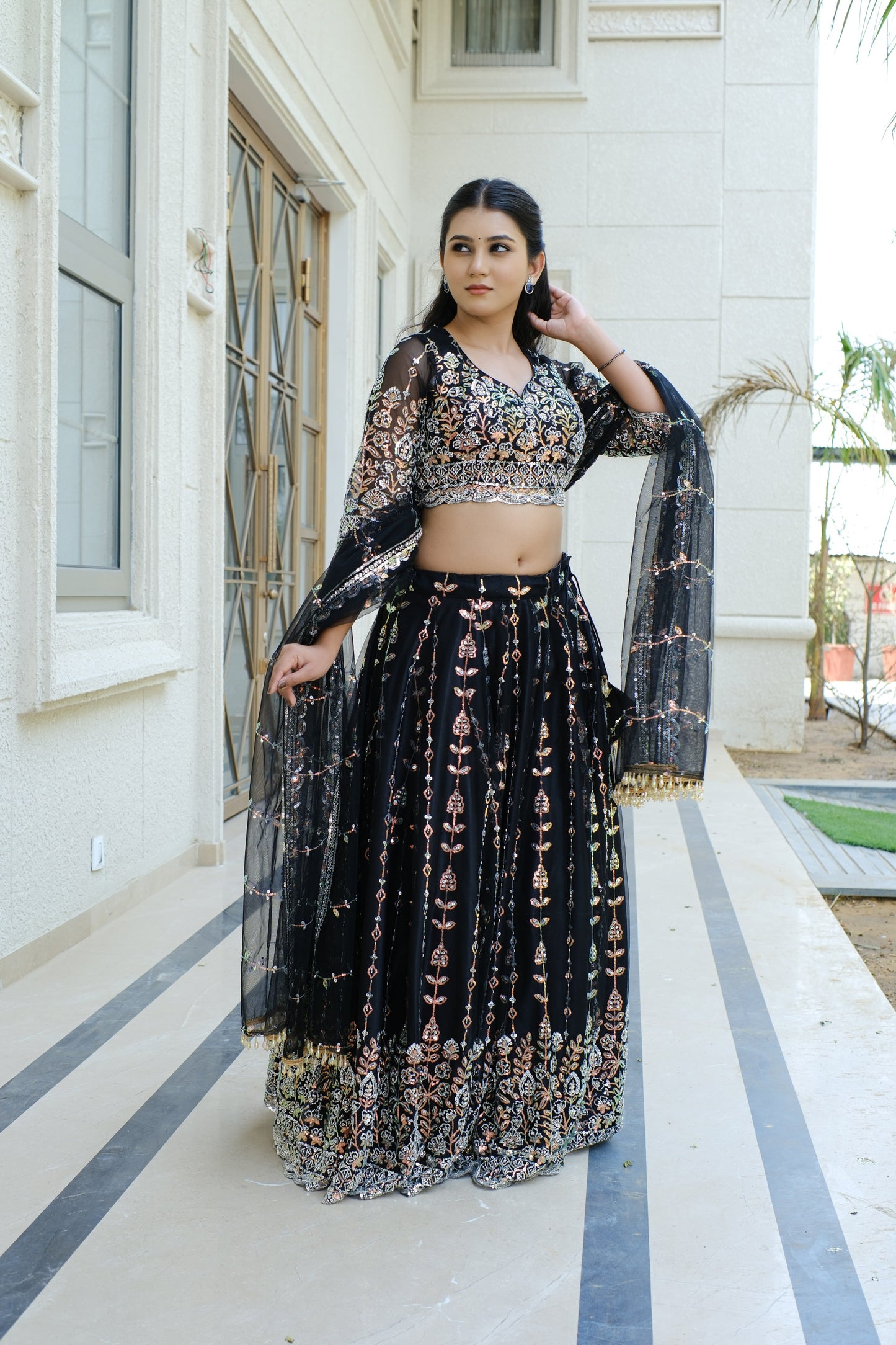 Black Midnight Bloom Sparkle Embroidered Net Lehenga
