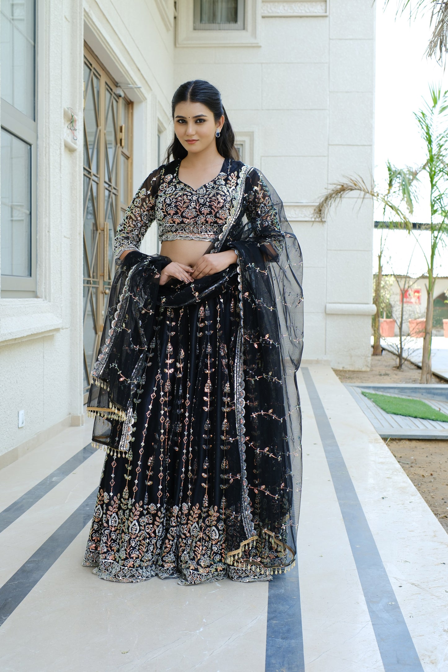Black Midnight Bloom Sparkle Embroidered Net Lehenga