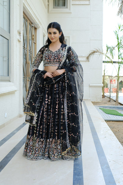 Black Midnight Bloom Sparkle Embroidered Net Lehenga