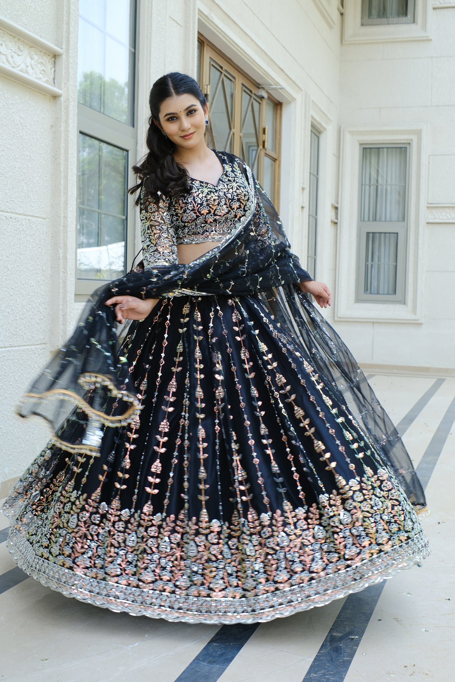 Black Midnight Bloom Sparkle Embroidered Net Lehenga