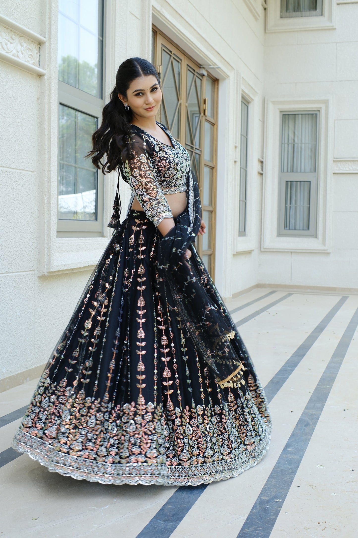 Black Midnight Bloom Sparkle Embroidered Net Lehenga