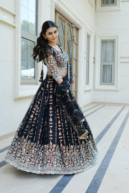 Black Midnight Bloom Sparkle Embroidered Net Lehenga