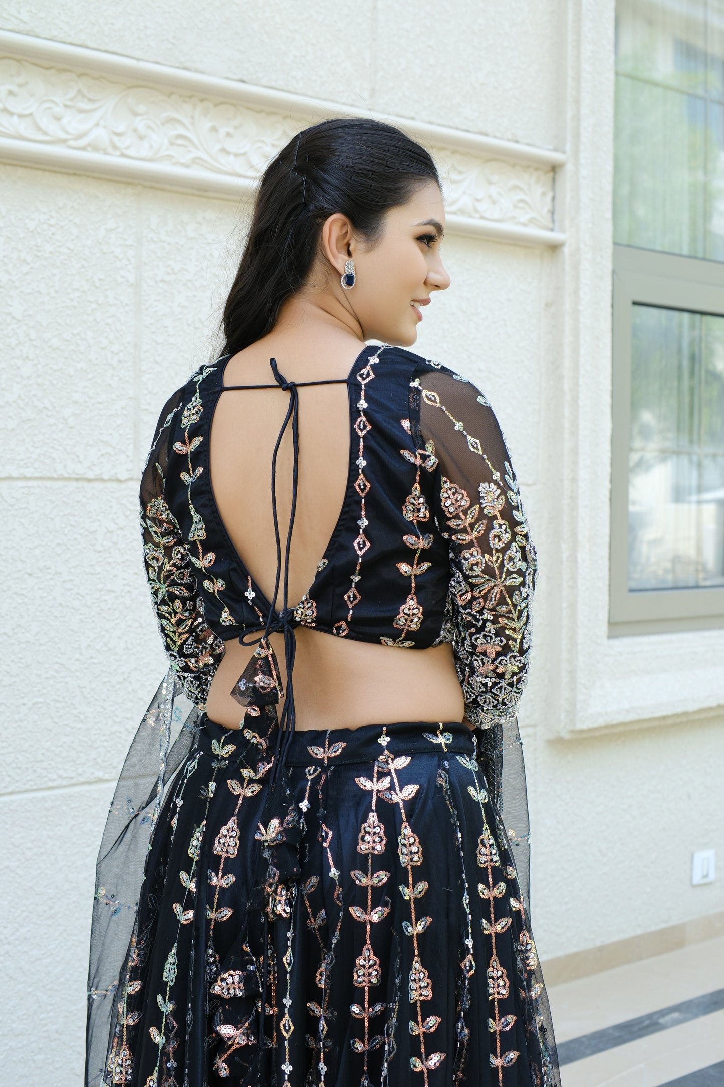 Black Midnight Bloom Sparkle Embroidered Net Lehenga