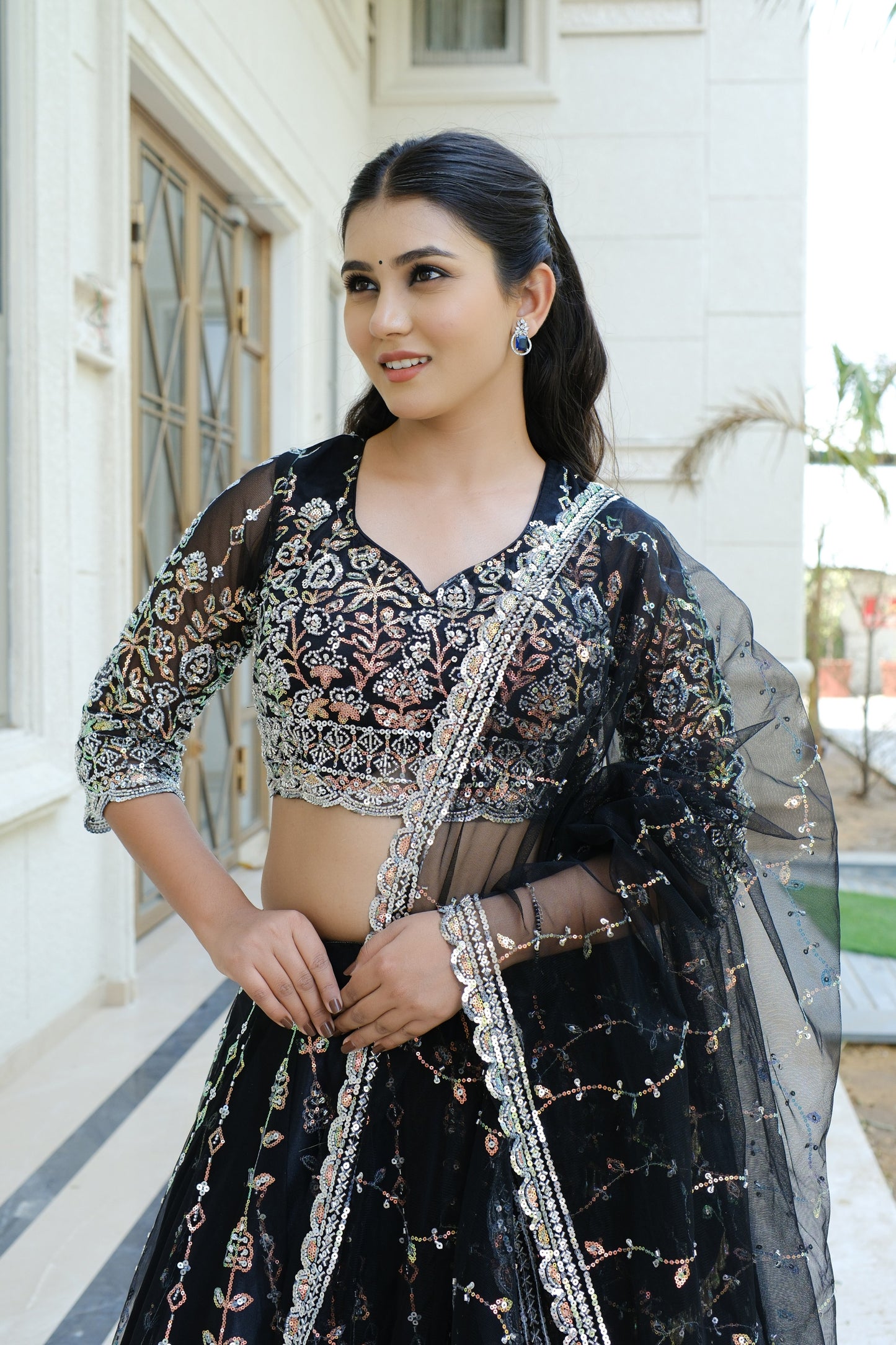 Black Midnight Bloom Sparkle Embroidered Net Lehenga