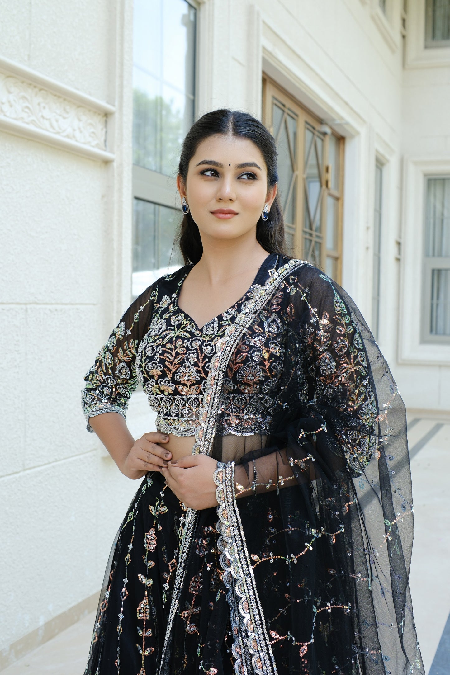 Black Midnight Bloom Sparkle Embroidered Net Lehenga