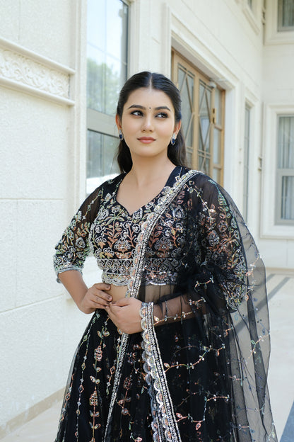 Black Midnight Bloom Sparkle Embroidered Net Lehenga