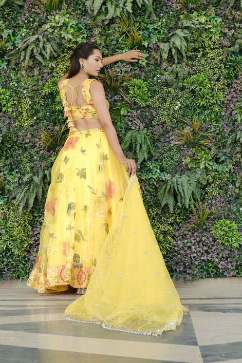 Yellow Multicolor Floral Embroidered Organza Lehenga