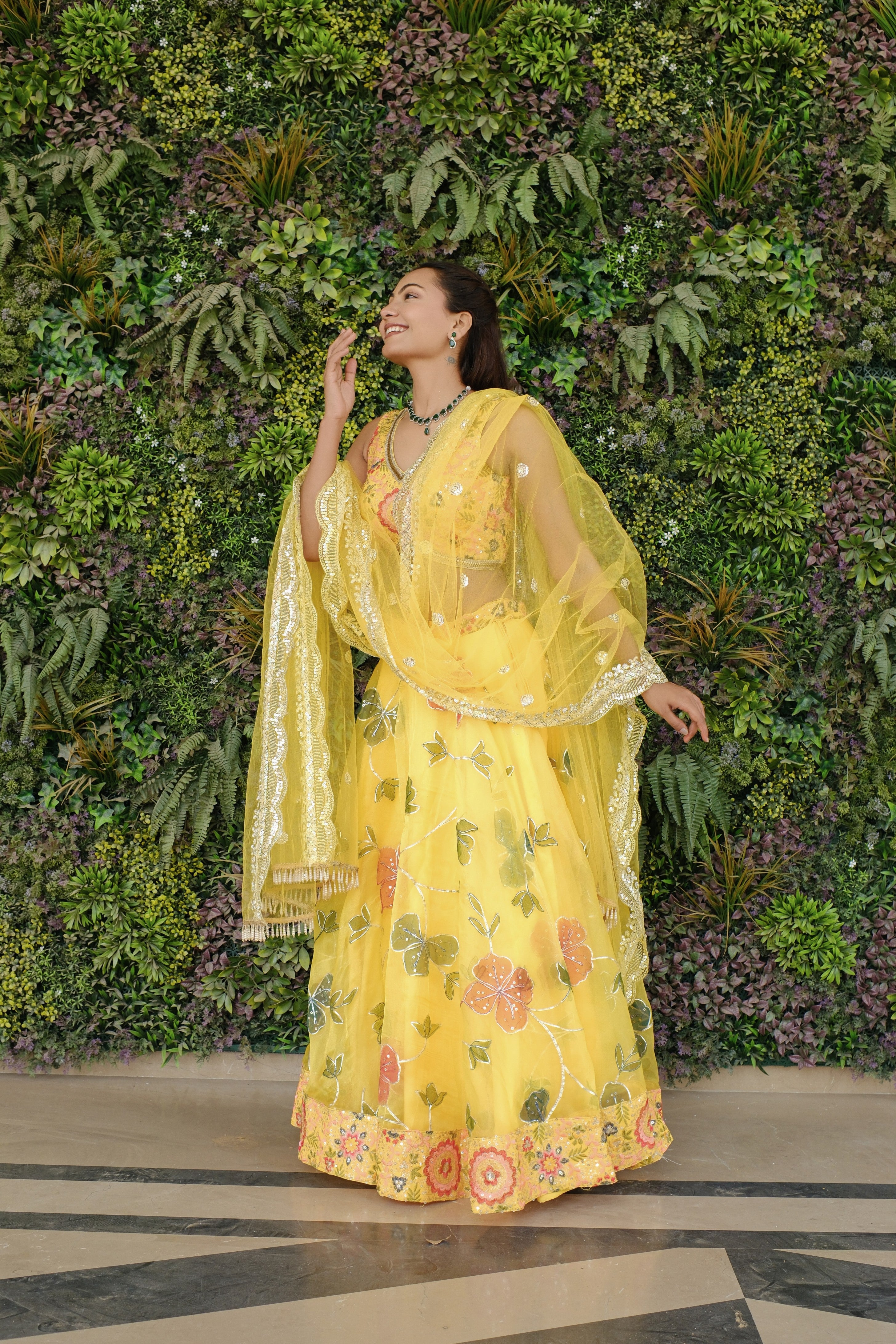 Yellow Multicolor Floral Embroidered Organza Lehenga