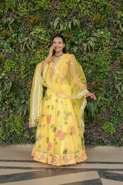 Yellow Multicolor Floral Embroidered Organza Lehenga