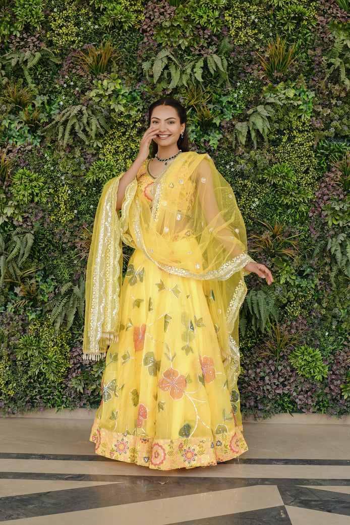 Yellow Multicolor Floral Embroidered Organza Lehenga