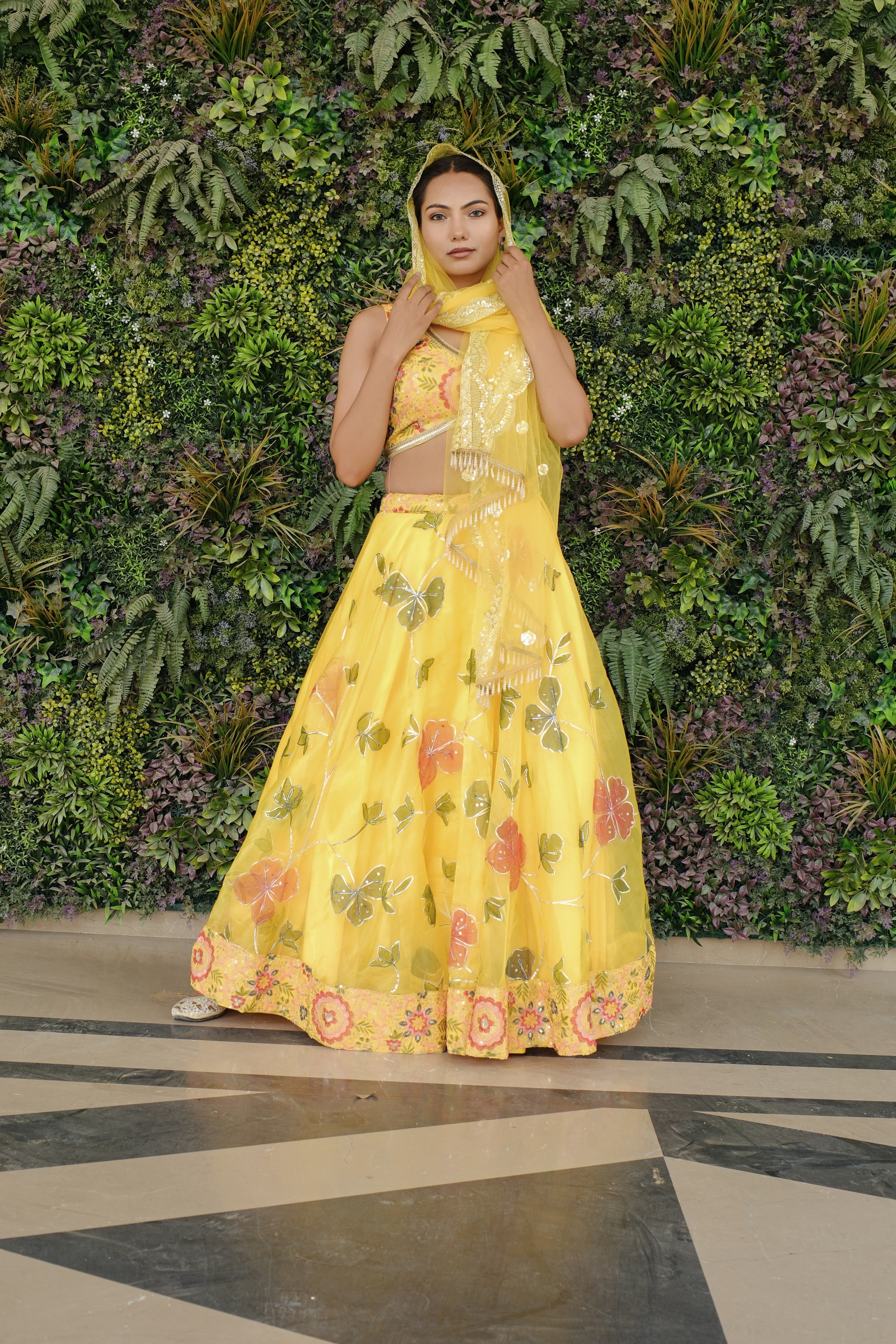 Yellow Multicolor Floral Embroidered Organza Lehenga