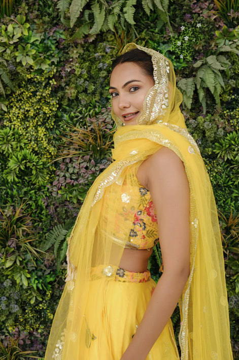 Yellow Multicolor Floral Embroidered Organza Lehenga
