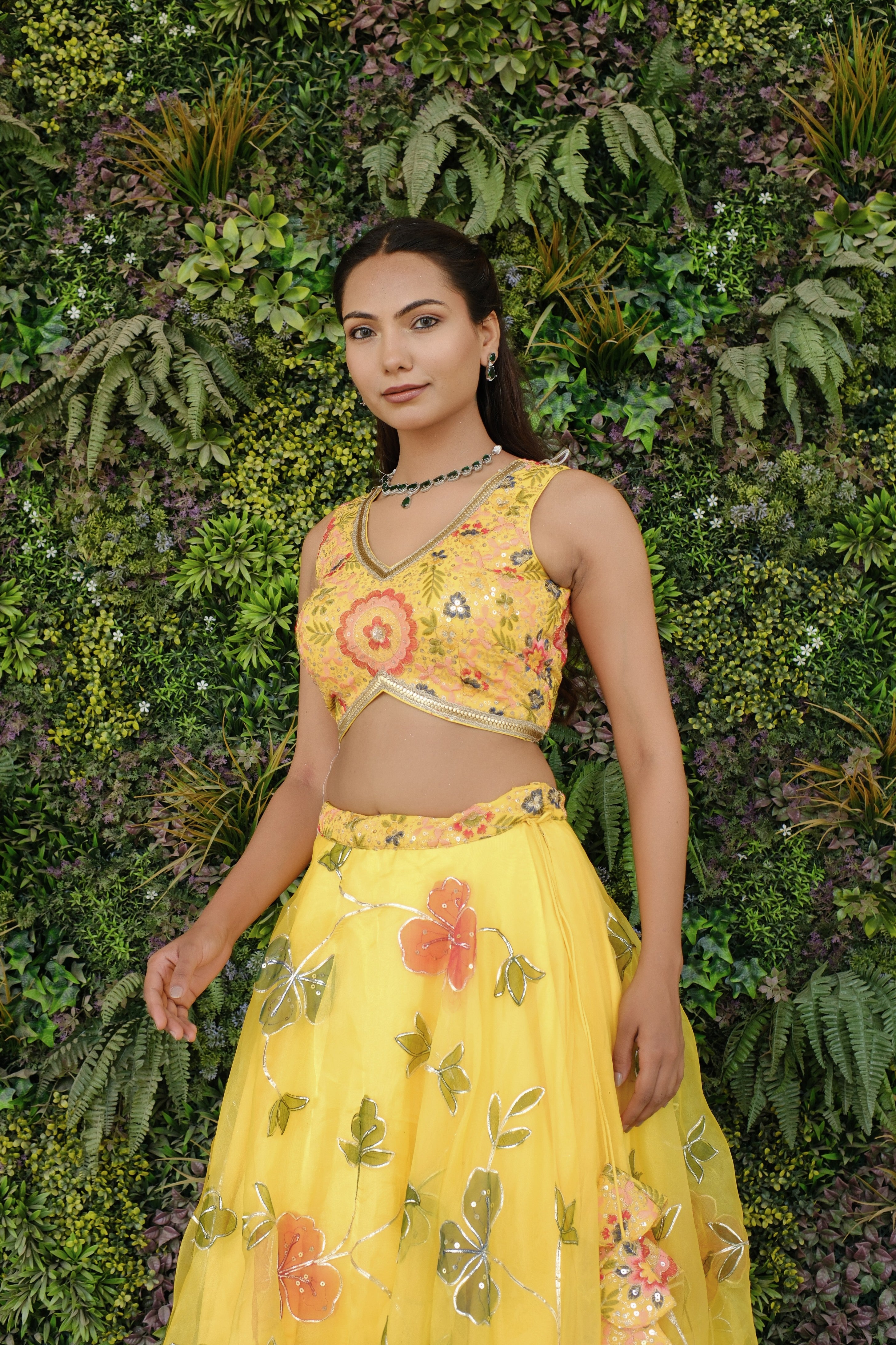 Yellow Multicolor Floral Embroidered Organza Lehenga