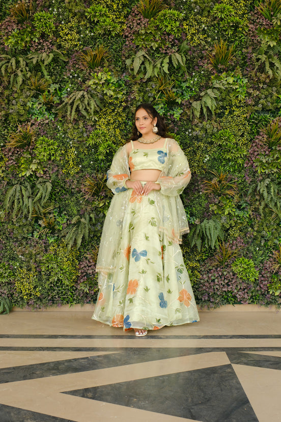 Light Green Multicolor Floral Embroidered Organza Lehenga and Detachable Sleeves