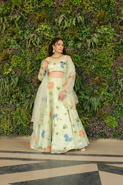 Light Green Multicolor Floral Embroidered Organza Lehenga and Detachable Sleeves