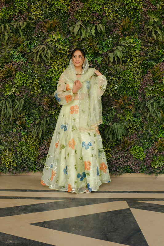 Light Green Multicolor Floral Embroidered Organza Lehenga and Detachable Sleeves