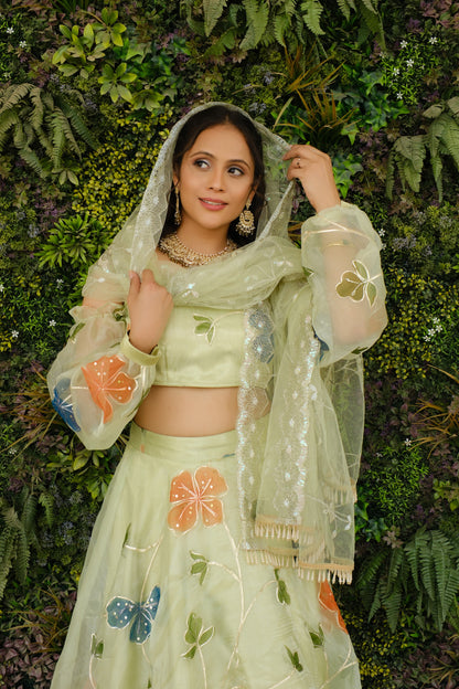 Light Green Multicolor Floral Embroidered Organza Lehenga and Detachable Sleeves