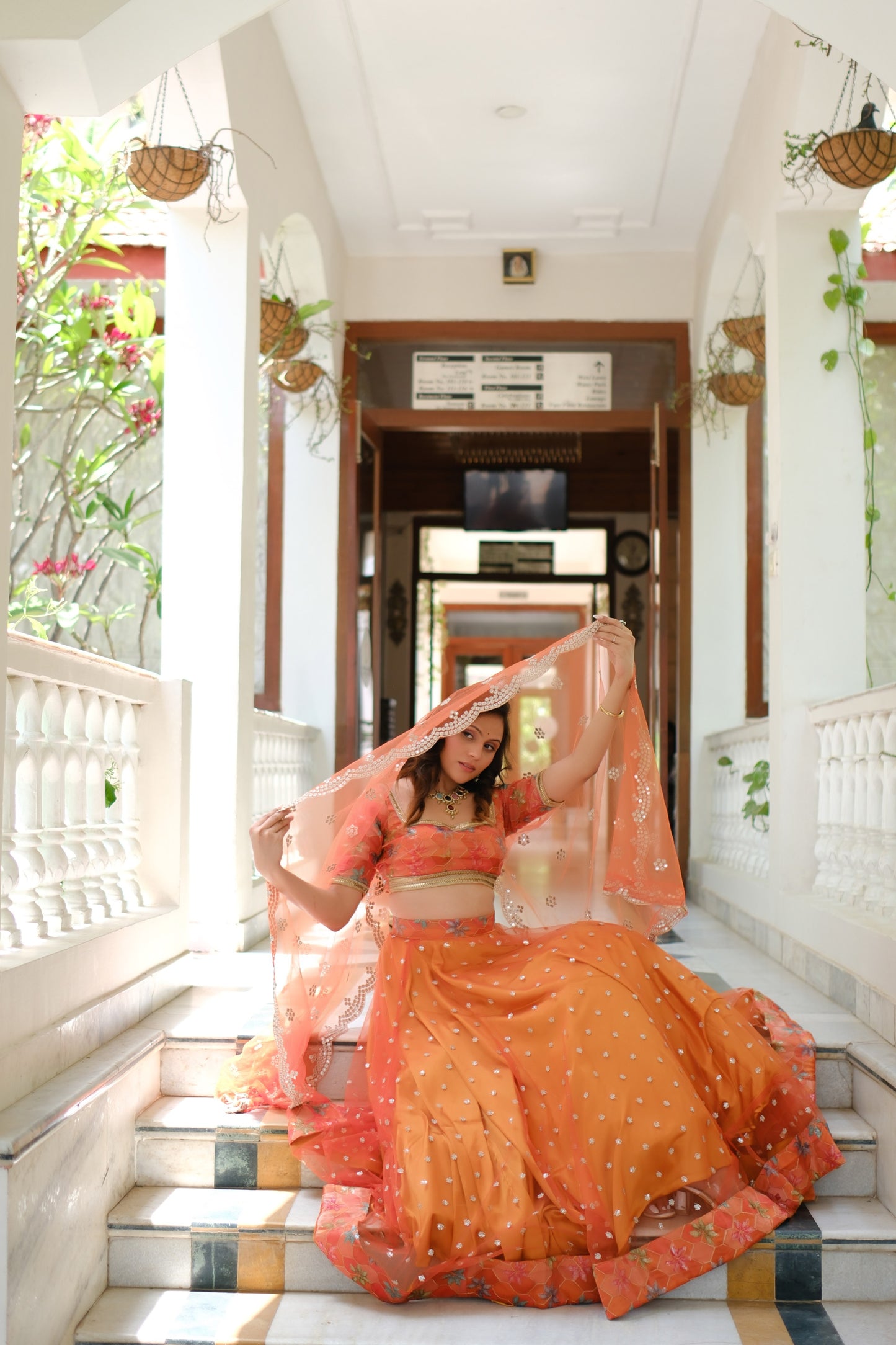 Orange Multicolor Floral Embroidered Net Lehenga
