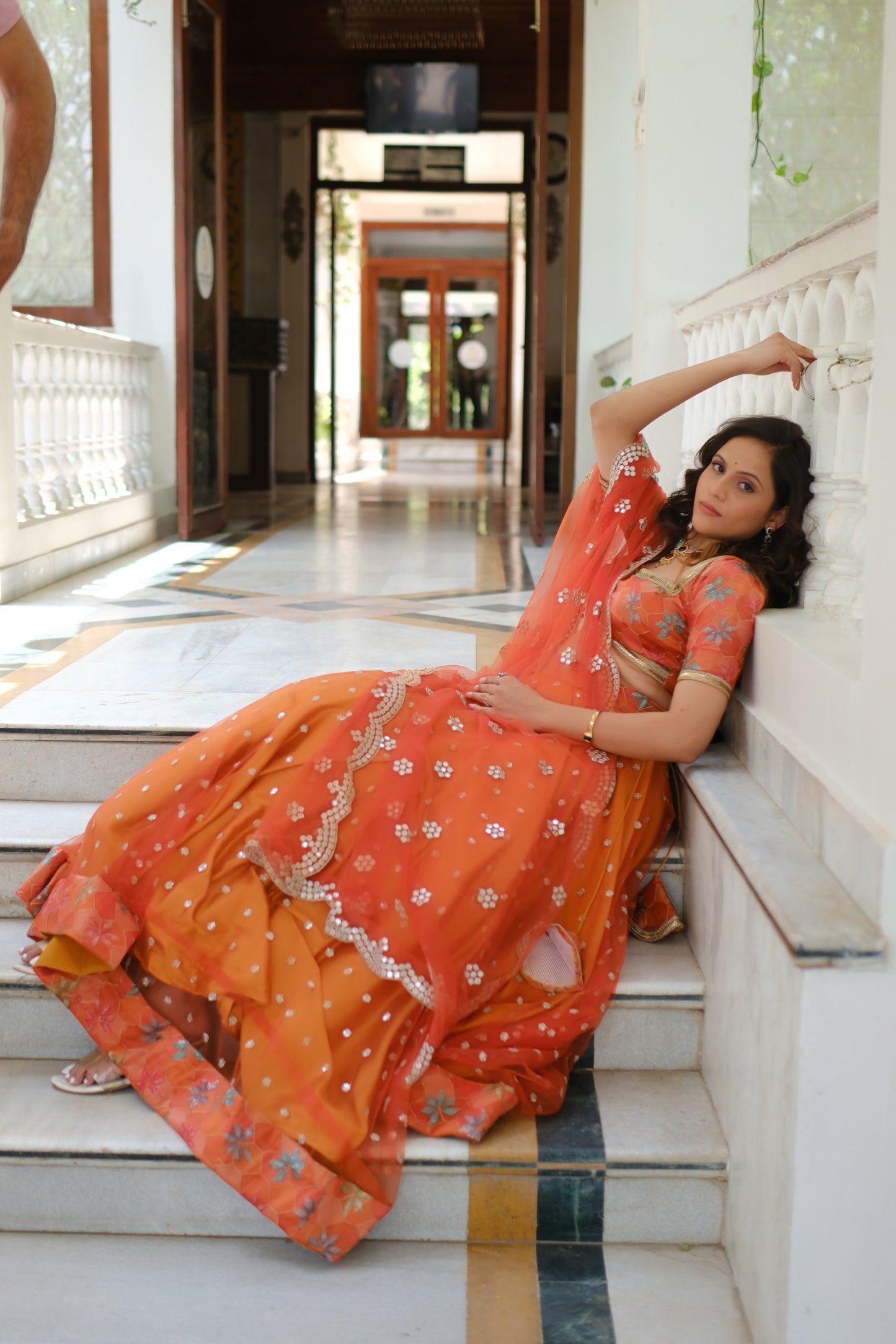 Orange Multicolor Floral Embroidered Net Lehenga