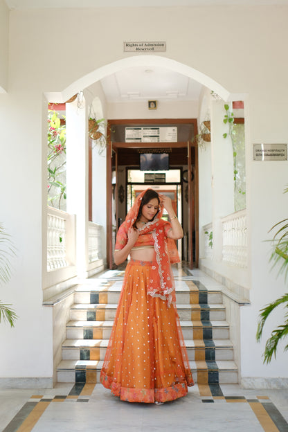 Orange Multicolor Floral Embroidered Net Lehenga
