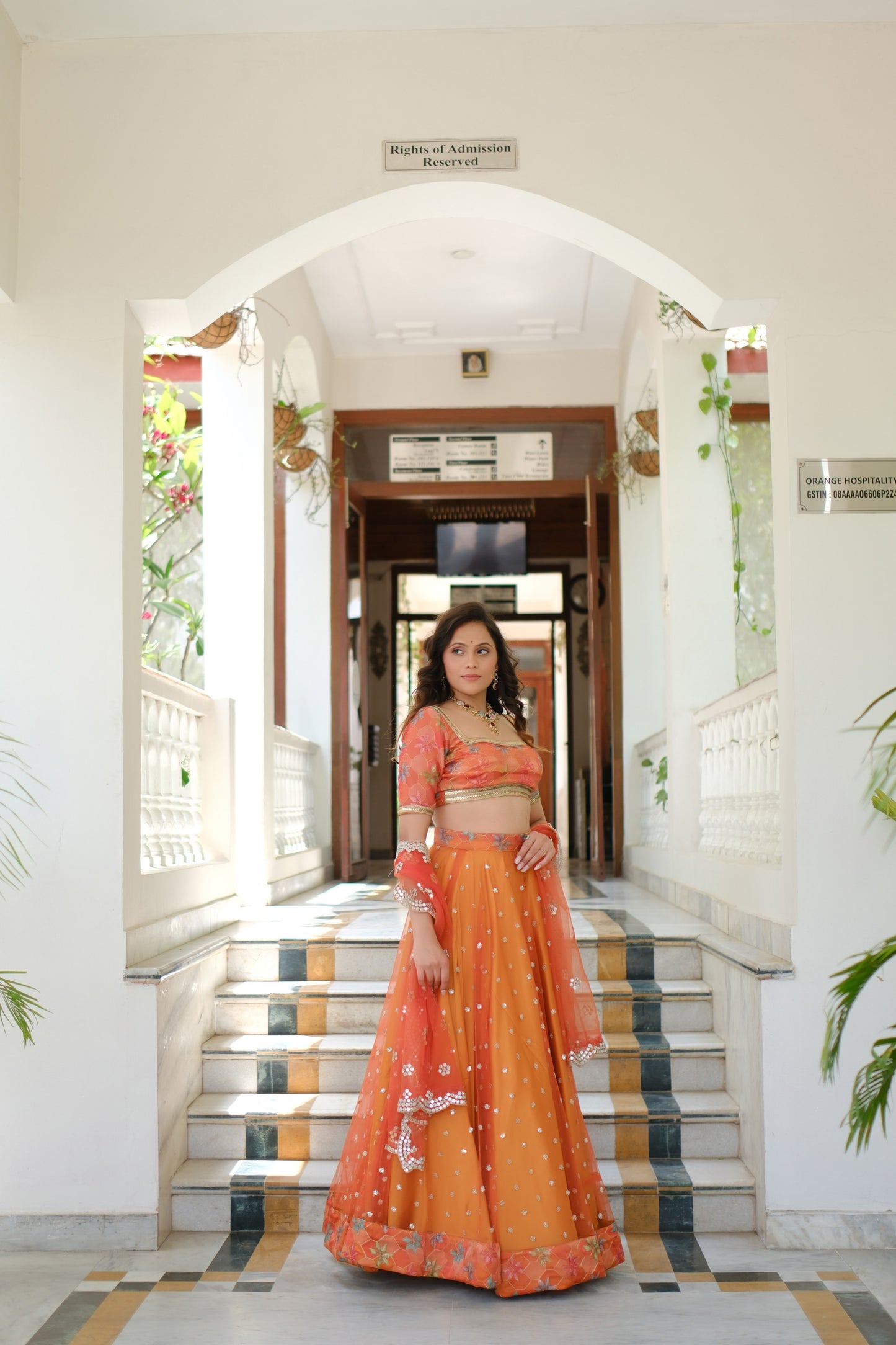 Orange Multicolor Floral Embroidered Net Lehenga