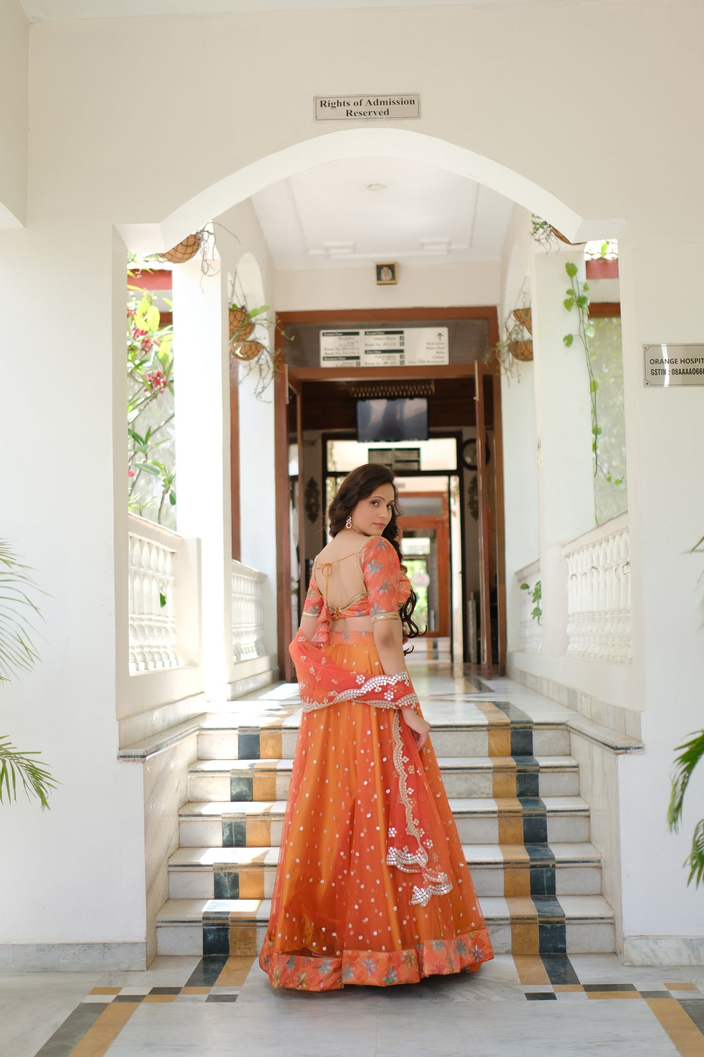 Orange Multicolor Floral Embroidered Net Lehenga