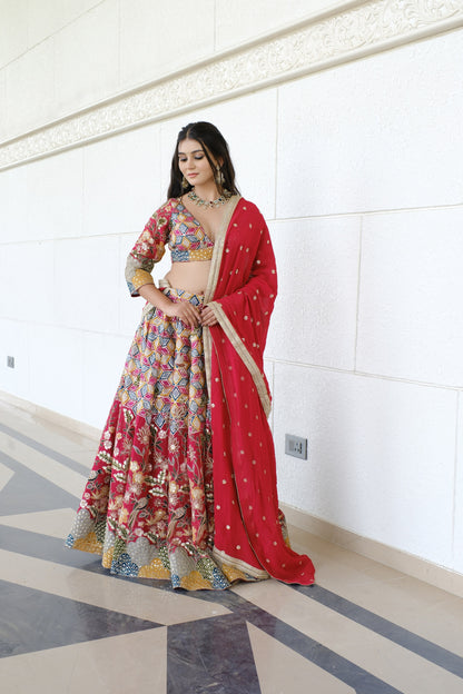 Crimson Red Multicolor Patterned Embroidered Silk Lehenga