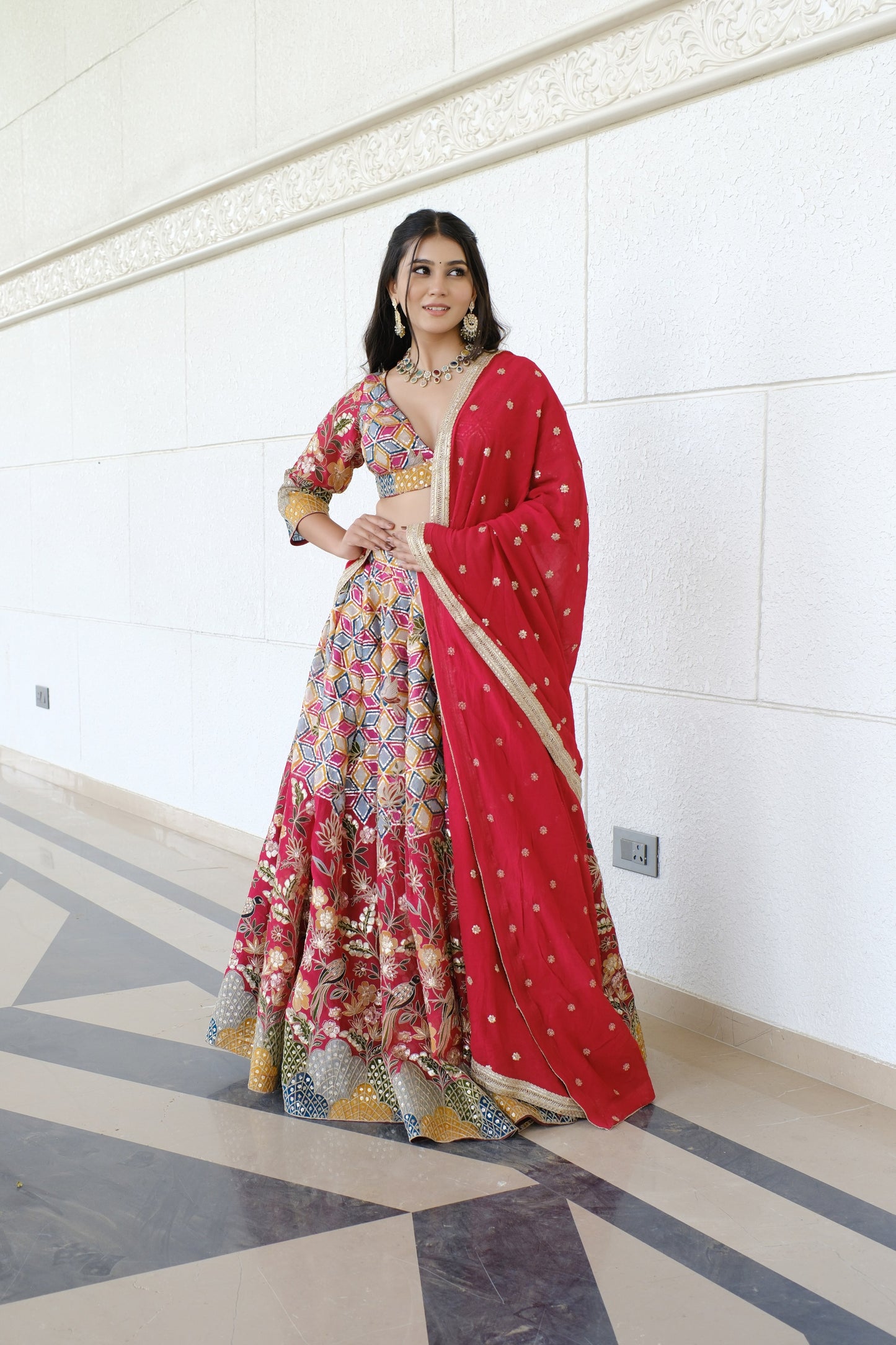 Crimson Red Multicolor Patterned Embroidered Silk Lehenga
