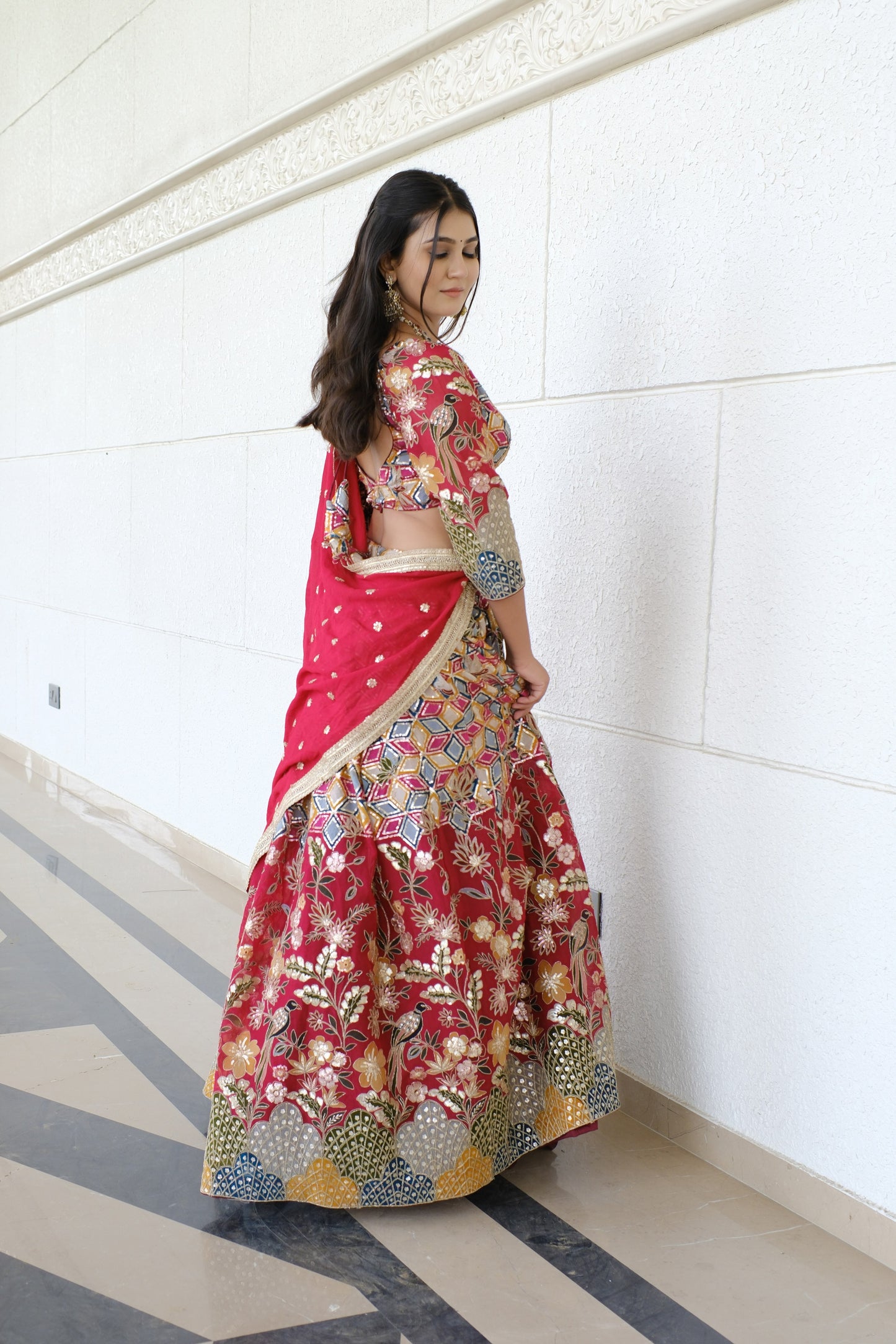 Crimson Red Multicolor Patterned Embroidered Silk Lehenga