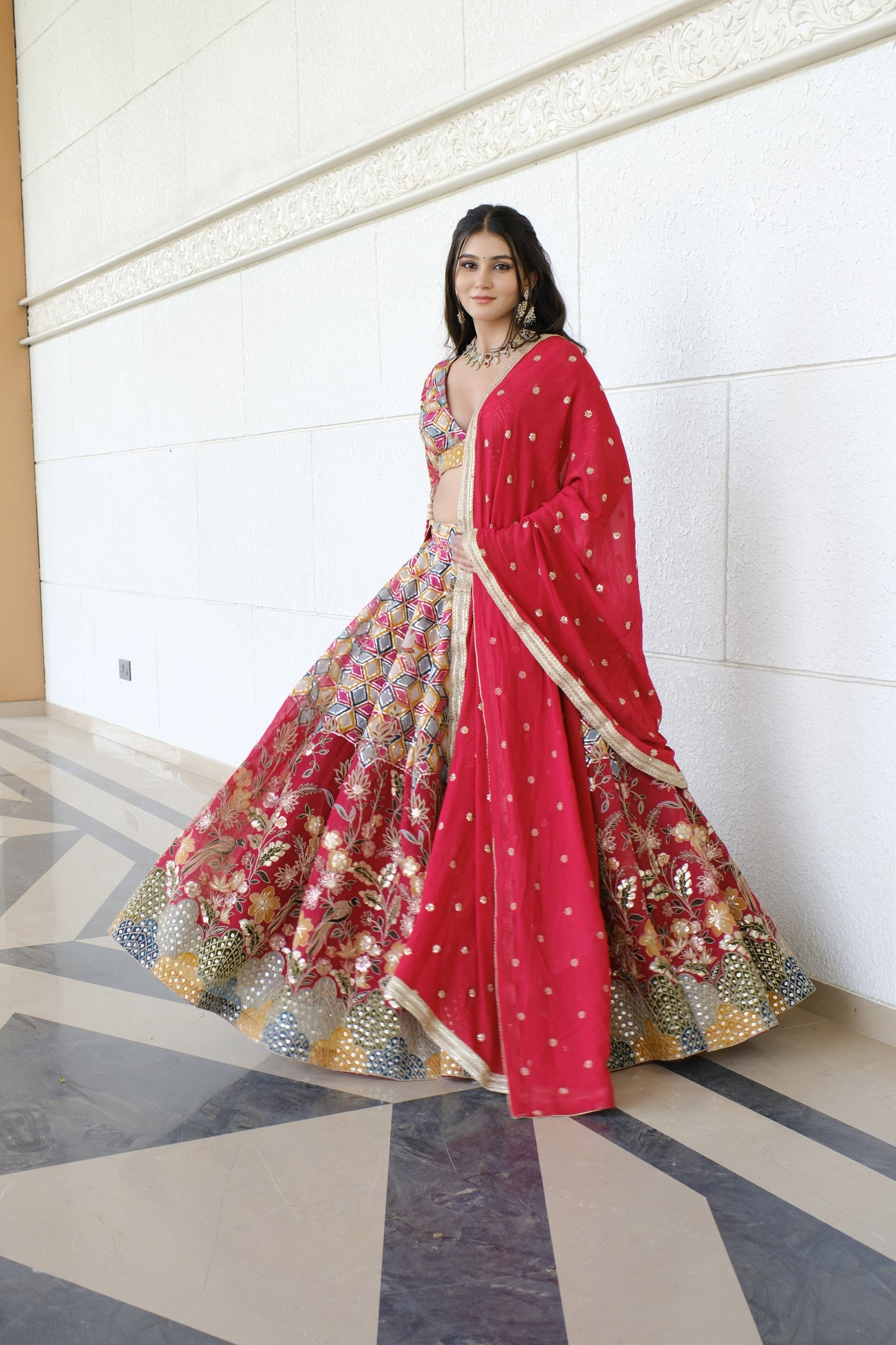 Crimson Red Multicolor Patterned Embroidered Silk Lehenga