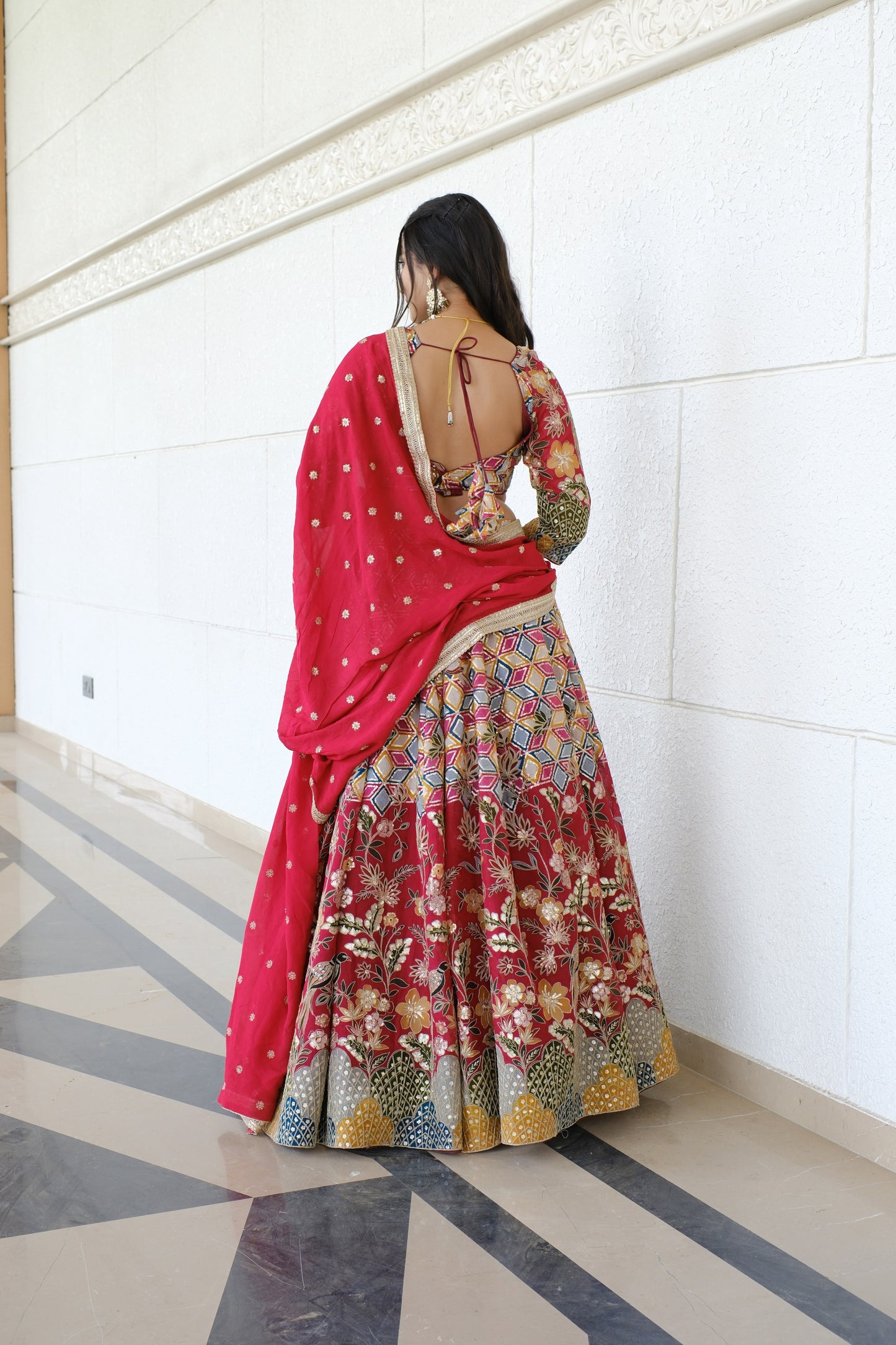 Crimson Red Multicolor Patterned Embroidered Silk Lehenga