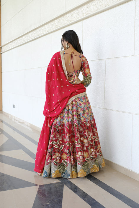Crimson Red Multicolor Patterned Embroidered Silk Lehenga