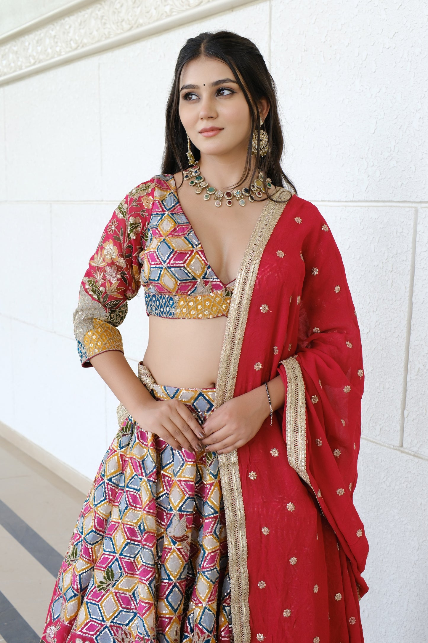 Crimson Red Multicolor Patterned Embroidered Silk Lehenga