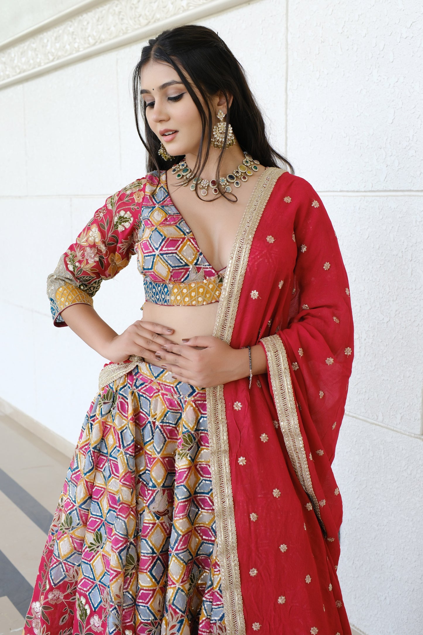 Crimson Red Multicolor Patterned Embroidered Silk Lehenga