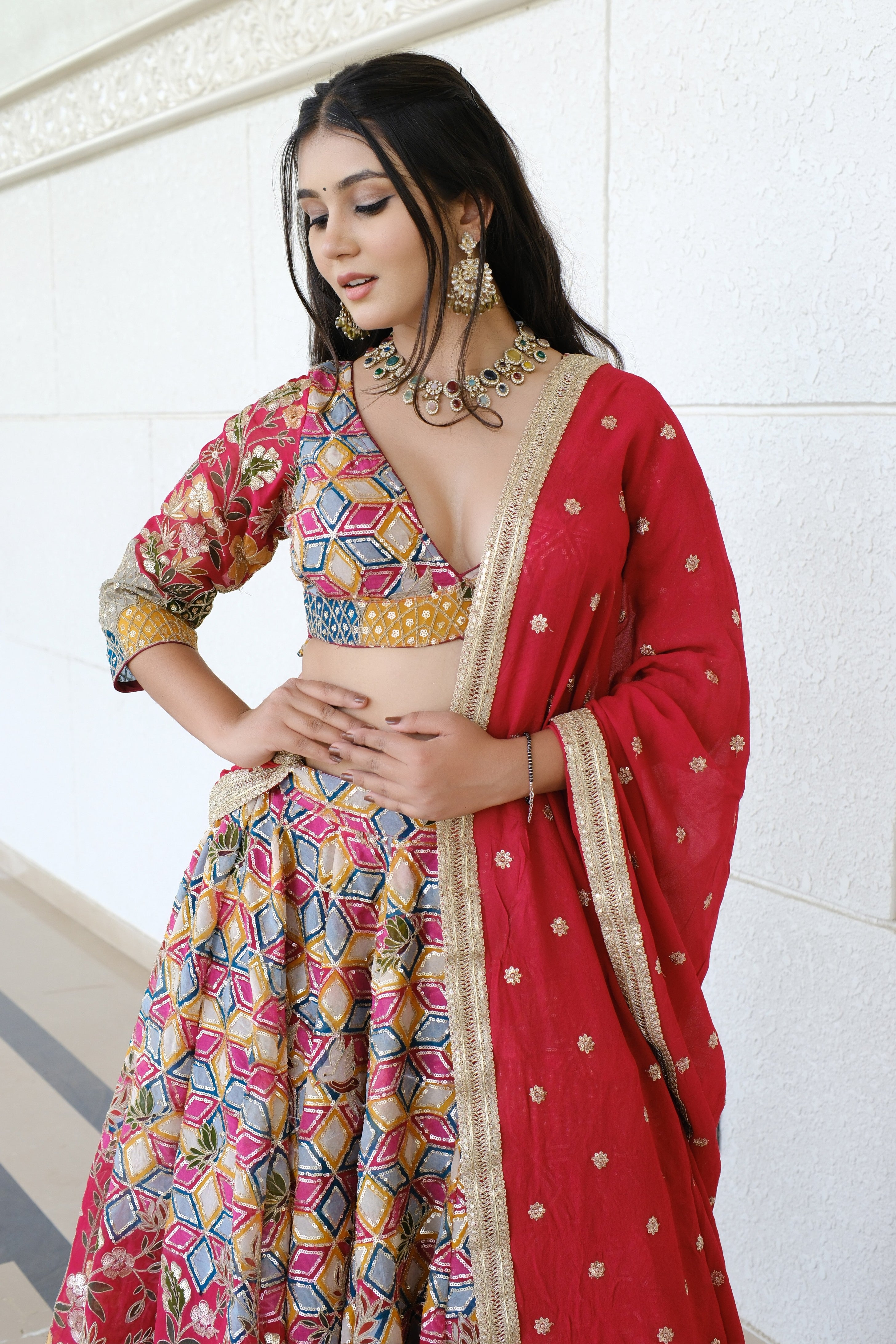Crimson Red Multicolor Patterned Embroidered Silk Lehenga