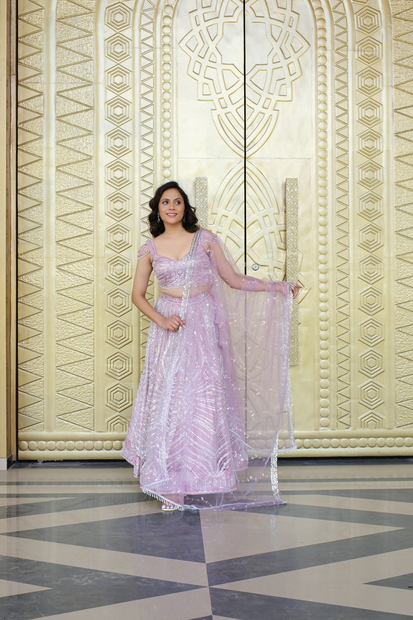 Light Lavender Sparkle Embroidered Net Lehenga