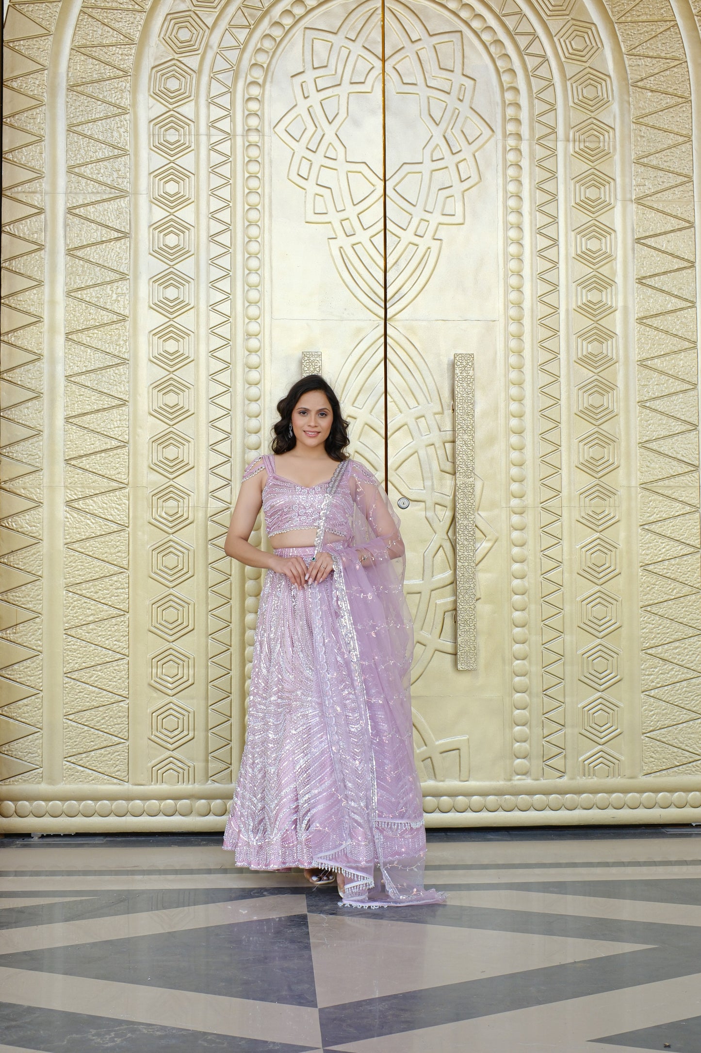Light Lavender Sparkle Embroidered Net Lehenga