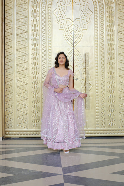Light Lavender Sparkle Embroidered Net Lehenga