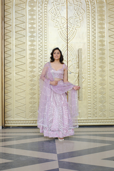 Light Lavender Sparkle Embroidered Net Lehenga
