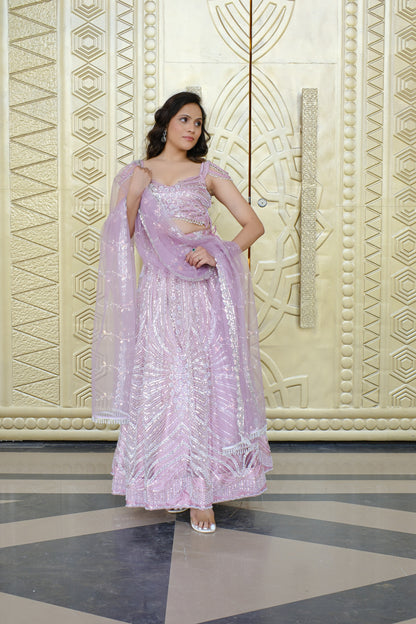 Light Lavender Sparkle Embroidered Net Lehenga