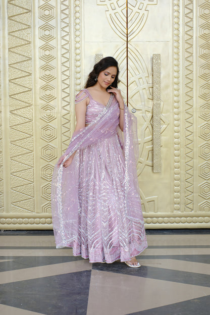 Light Lavender Sparkle Embroidered Net Lehenga